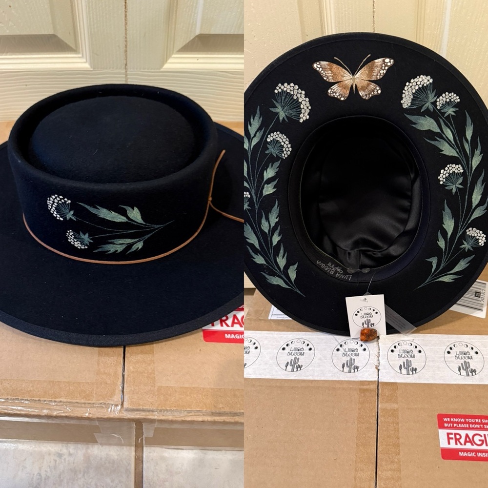Luna bloom hand painted black felt hat. Custom made. NWT.